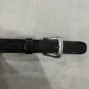 [Max39”]Western Black Leather Men's Snap Belt Mexico Silver /Gold Tone Buckle
